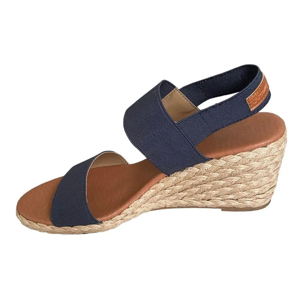 TOMMY BAHAMA Elastic Wedge Espadrilles Sandals Blue Tan 9